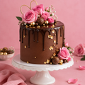 Chocolate Cake with pink roses and gold decorations