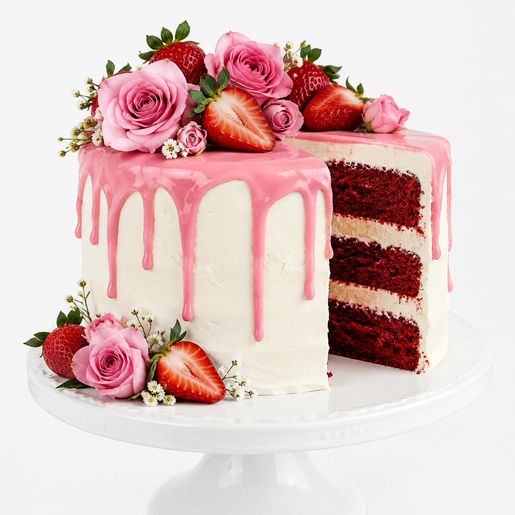 Red Velvet Cake with cream cheese frosting and strawberries