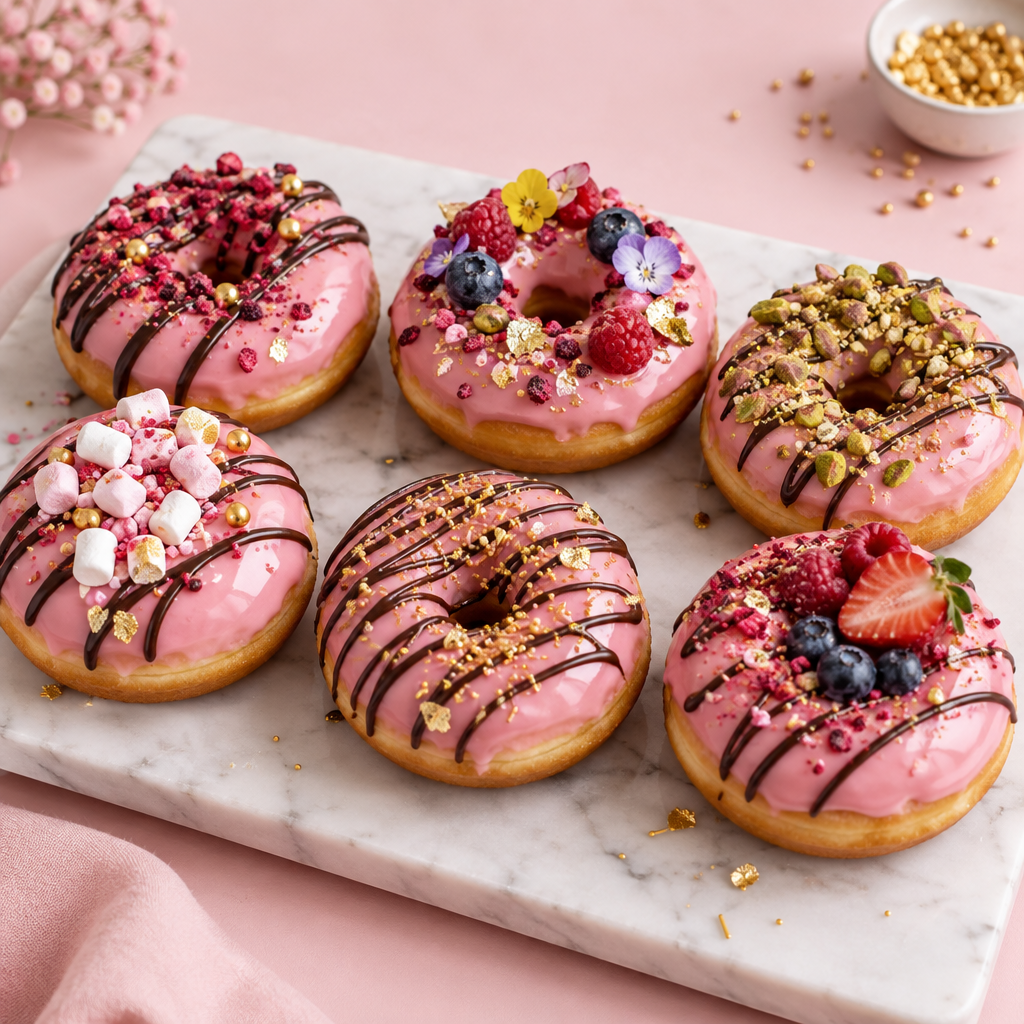 Six gourmet donuts with pink glaze and chocolate drizzle
