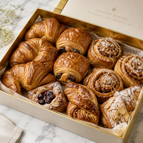 Mixed pastry gift box with croissants, cinnamon rolls and flaky pastries