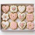 Box of 12 decorated sugar cookies with pink and white royal icing