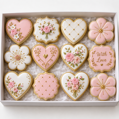 Box of 12 decorated sugar cookies with pink and white royal icing
