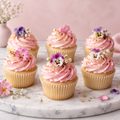 Six vanilla cupcakes with pink buttercream frosting and gold sprinkles